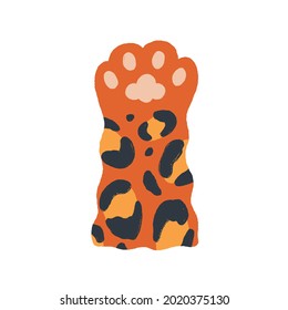 Cute leopard paw with soft gentle pads in doodle style. Big cat's hand raised up, gesturing hi. Adorable foot of wild feline animal. Colored flat vector illustration isolated on white background