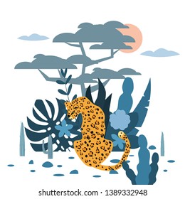 Cute leopard, plant and tree background, graphic trend style, animal predator mammal, jungle. Vector, illustration, isolated cartoon style