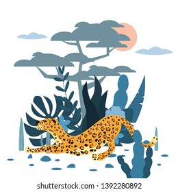 Cute leopard, plant and tree background, graphic trend style, animal predator mammal, jungle. Vector, illustration, isolated cartoon style