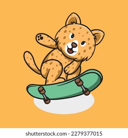 
Cute Leopard playing skateboard cartoon illustration