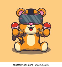Cute leopard playing virtual reality. Cute cartoon animal illustration.