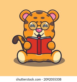 Cute leopard reading a book. Cute cartoon animal illustration.