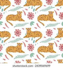 Cute leopard seamless pattern. Tropical flowers and plants, abstract elements. For packaging, background, wallpaper, covers