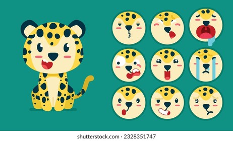 Leopardo lindo, un conjunto de emociones animales, un pequeño leopardo con la coloración de los emojis, durmiendo, llorando, triste, aburrido, feliz, emocionado, adorable, sorprendido, descuidado, confiado, aterrorizado, atónito avatar del vector Flat