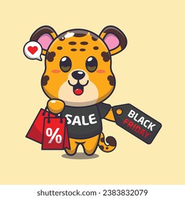 cute leopard with shopping bag and black friday sale discount cartoon vector illustration