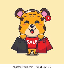 cute leopard with shopping bag in black friday sale cartoon vector illustration