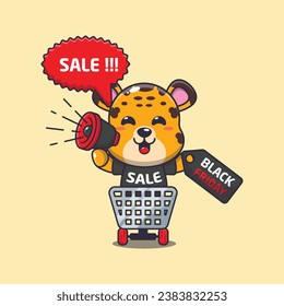 el leopardo lindo en el carro de la compra está promocionando la venta del viernes negro con la ilustración del vector de dibujos animados megáfonos