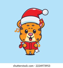 Cute leopard sing a christmas song. Cute christmas cartoon illustration. 