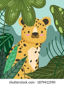 cute leopard sitting in greenery animal safari cartoon vector illustration