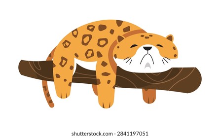 Cute leopard sleep on a tree branch. Flat cartoon style. Vector illustration.