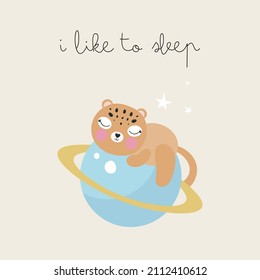 Cute Leopard sleeps on the planet. Vector cartoon illustration. For kids stuff, card, posters, banners, children books, printing on the pack, printing on clothes, fabric, wallpaper, textile or dishes.