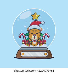 Milder Leopard in der Schneeglobe. Cute Christmas Cartoon Illustration.