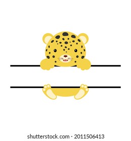 Cute leopard split monogram. Funny cartoon character for shirt, scrapbooking, print, greeting cards, baby shower, invitation, home decor. Bright colored childish stock vector illustration.