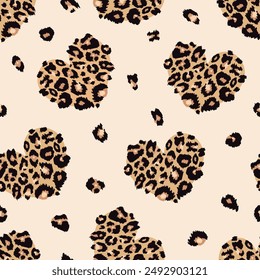 Cute leopard spots heart seamless pattern. Hand drawn brown animal love print. Safari spotted grunge texture background for fashion print, fabric, textile, Valentines day decor.