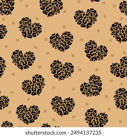 Cute leopard spots heart seamless pattern. Hand drawn brown animal love print. Safari spotted abstract texture background for fashion print, fabric, textile, Valentines day decor.