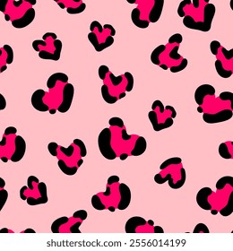 Cute leopard spots heart seamless pattern. Vector hand drawn pink animal leo skin print. Safari spotted texture background for fashion love print, fabric, textile, Valentines day decor, backgrounds.