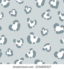 Cute leopard spots heart seamless pattern. Vector hand drawn grey animal leo skin print. Safari spotted texture background for fashion love print, fabric, textile, Valentines day backgrounds.