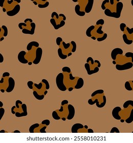 Cute leopard spots heart seamless pattern. Vector hand drawn dark brown animal leo skin print. Safari spotted texture background for fashion love print, fabric, textile, Valentines day backgrounds.