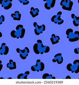 Cute leopard spots heart seamless pattern. Vector hand drawn blue animal leo skin print. Safari spotted texture background for fashion love print, fabric, textile, Valentines day decor, backgrounds.