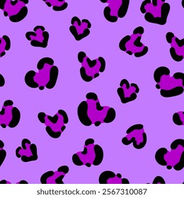 Cute leopard spots heart seamless pattern. Vector hand drawn violet animal leo skin print. Safari spotted texture background for fashion love print, fabric, textile, Valentines day decor, backgrounds.