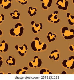 Cute leopard spots heart seamless pattern. Vector hand drawn brown animal leo skin print. Safari spotted texture background for fashion love print, fabric, textile, Valentines day backgrounds.