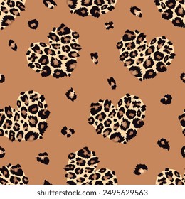 Cute leopard spots and hearts seamless pattern. Hand drawn brown animal love print. Safari spotted grunge texture background for fashion print, fabric, textile, Valentines day decoration, wrapping.