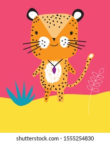 A cute leopard standing on a pink and yellow landscape
