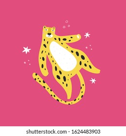 Cute leopard with stars flat vector illustration
