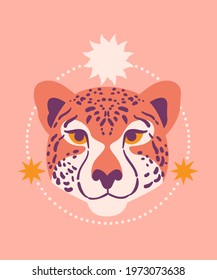 Cute Leopard, Sun, stars. Modern abstract art. Boho style. Cosmic minimalistic scene. Magic concept. Vintage inspired art. Pastel colors print