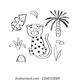 Cute leopard surrounded by tropical plants. Doodle style vector illustration isolated on white background for your design