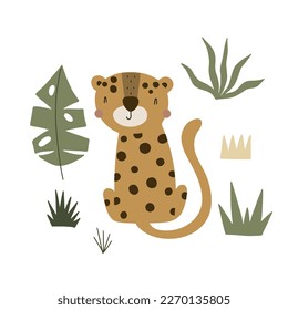 Cute leopard surrounded by tropical plants. Vector illustration isolated on white background for your design