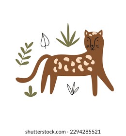 Cute leopard surrounded by tropical plants. Vector illustration isolated on white background for your design