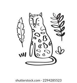 Cute leopard surrounded by tropical plants. Doodle style vector illustration isolated on white background for your design