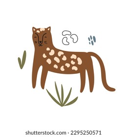 Cute leopard surrounded by tropical plants. Vector illustration isolated on white background for your design