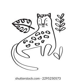 Cute leopard surrounded by tropical plants. Doodle style vector illustration isolated on white background for your design