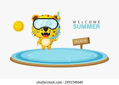 Cute leopard swimming on the beach with summer greetings