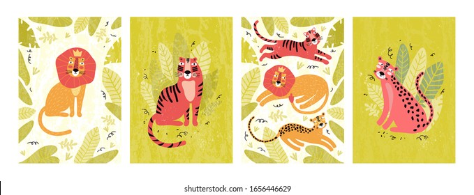 Cute leopard, tiger and lion in the jungle. Set of vertical postcards and banners in vector. Funny wild animal in tropical leaves and plants. Exotic cat cartoon character. Hand drawn illustration