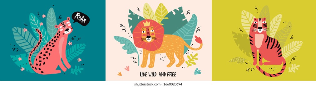 Cute leopard, tiger and lion in the jungle. Horizontal banner for websites and printing. Funny wild animal in tropical leaves and plants. Exotic cat is a cartoon character. Hand drawn illustrations