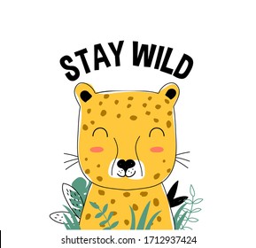 Cute leopard vector illustration for t-shirt design with slogan. Vector illustration design for fashion fabrics, textile graphics, prints.	