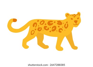 Caminhada de leopardo bonito, ilustração de vetor plana desenhada à mão, amarelo brilhante com pontos laranja no fundo branco. Perfeito para crianças produtos, materiais educacionais, livros de animais, impressões, adesivos, decoração.
