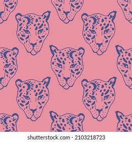 Cute leopard wild animal childish cartoon groovy boho seamless pattern naive funky handdrawn style art vector