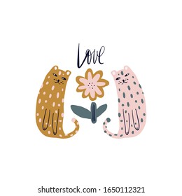 Cute leopards cats, scheetah vector print, nursery illustration in scandinavian style, animals isolated decor elements