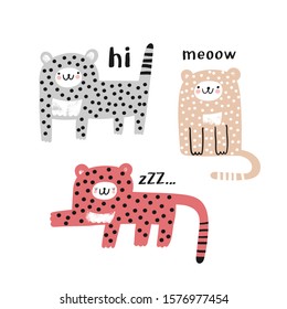 Cute leopards in different poses. Set of spotted kittens. Vector illustration of cartoon style.
