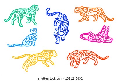 Cute leopards. Isolated on white background.. Wild cats. Hand drawn linear illustration.