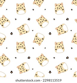 Cute leopards on seamless pattern. Squishmallow. Background with leopards. Kawaii, vector. Isolated vector illustration eps 10