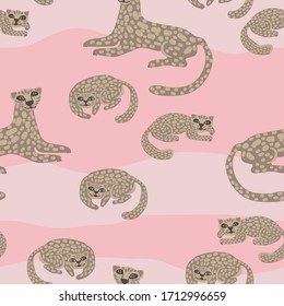 Cute leopards in pink meadows vector seamless pattern for textile, decor, packaging.