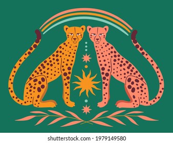 Cute Leopards, Sun, rainbow, stars, floral branch. Modern abstract art. Boho style. Mid Century print. Cosmic minimalistic scene. Protect wild animals poster. Magic concept. Vintage inspired art 