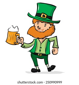 Cute leprechaun with beer celebrates St. Patrick's Day. Hand drawn cartoon illustration.