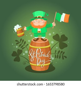 A cute leprechaun with a beer and an Irish flag is standing on a wooden barrel. Cartoon illustration or greeting card for the holiday St. Patrick's Day.