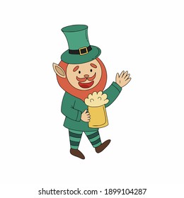 Cute leprechaun with a beer mug. St. Patrick's Day illustration. Vector illustration in the doodle style.